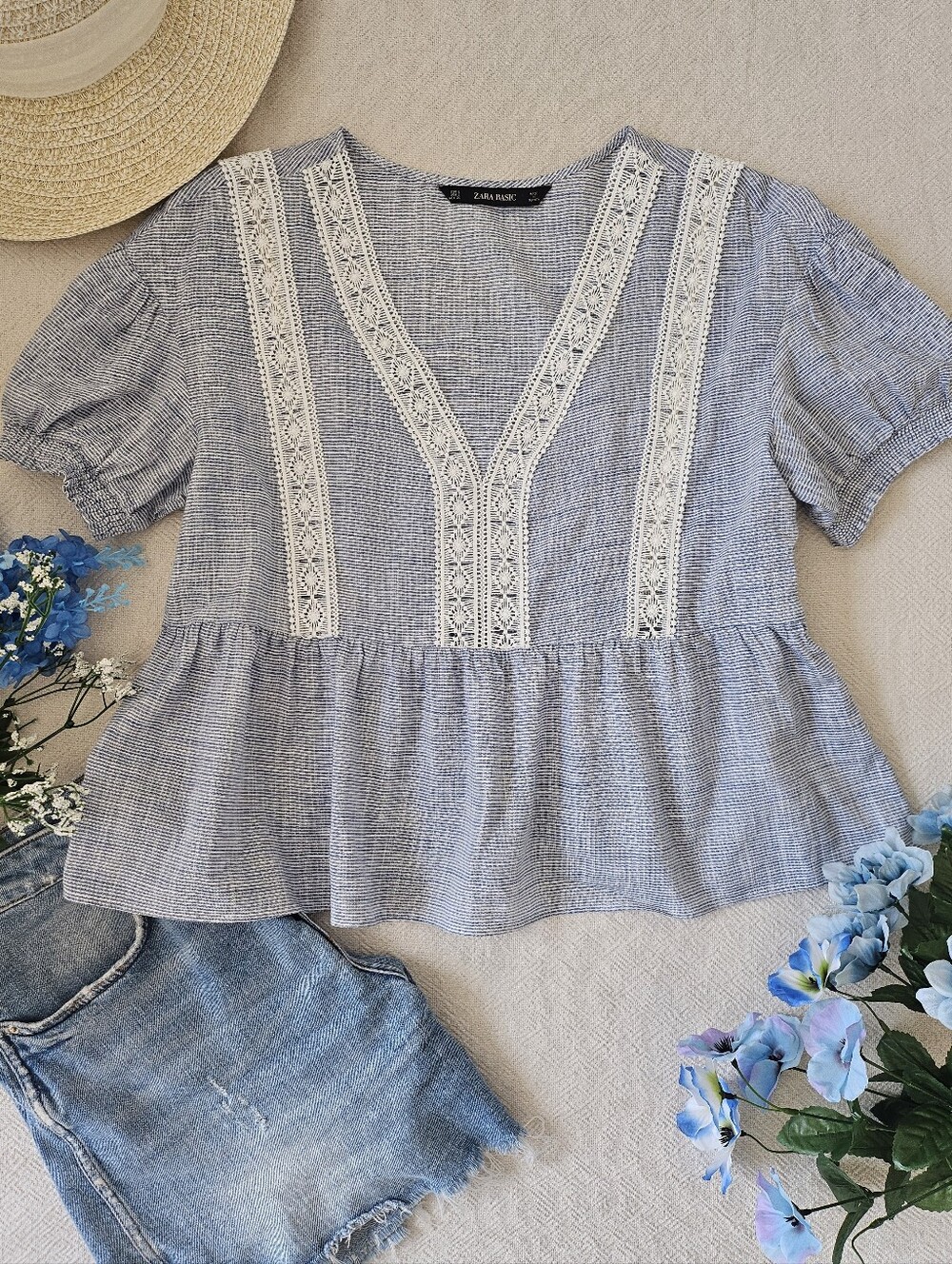 Zara Boho Lace Trim V-Neck Puff Sleeve Blouse Blue - Size L